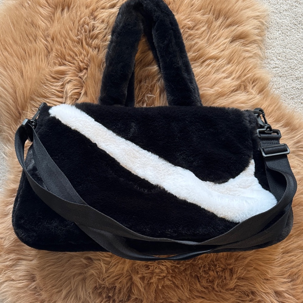 Black & White Faux Fur Nike Shoulder Bag